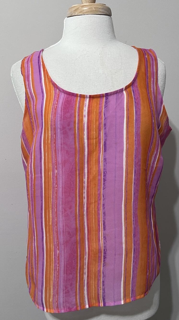 Notations Womens L Tank Top Boho Stripe Purple Orange Sheer Chiffon Casual Cami